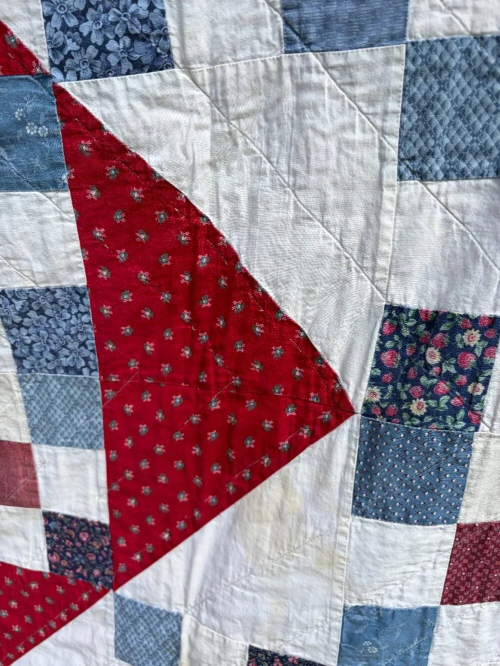 Vintage Red, White & Blue 9-Block Patchwork Quilt – Machine Stitched – 70